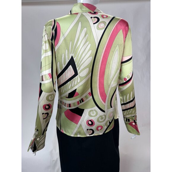 Silk Patterned Blouse By Kasper Size 6 - Green & Pink Design French Cuff Blemish - Picture 2 of 16
